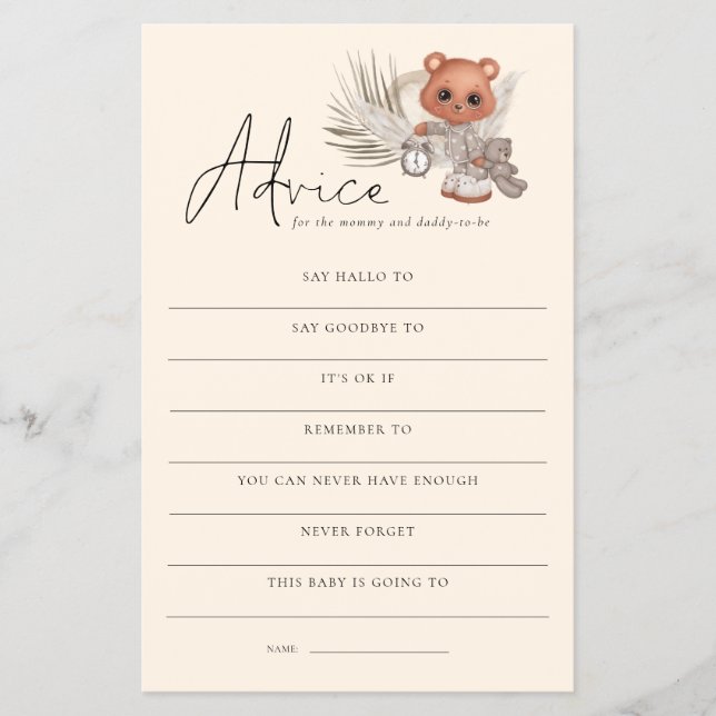 PAPPERT Boho Bear Advice Mamma Pappa Baby Shower-s Flygblad (Framsidan)