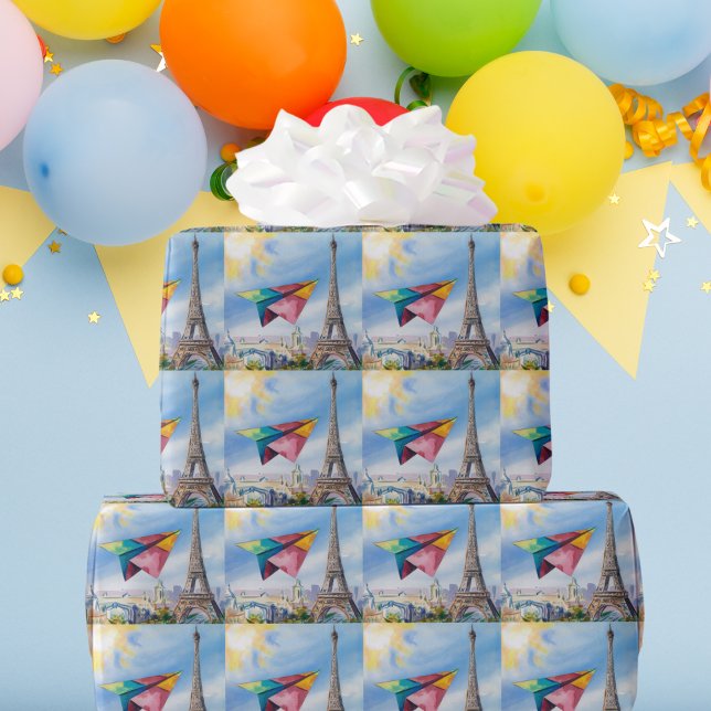 Pappert flygplan som flyger i Paris,Färgstark,Vatt Presentpapper (Skapare uppladdad)