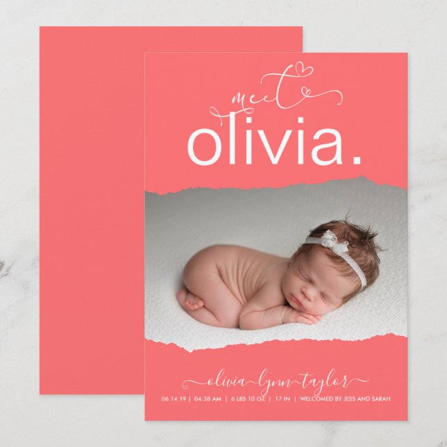 Pappert födelsemeddelande om trend CORAL Photo Tor Inbjudningar (Fram/baksida)