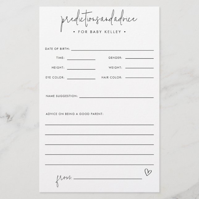 Pappert kort för förutsägelse och råd för babyskor flygblad (Framsidan)