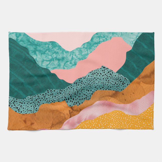 Pappert landskap, riven, sliten kant, gröntar, ros kökshandduk (Horisontell)