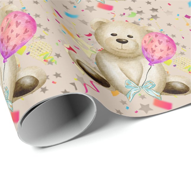 Pappert med födelsedag Bear & Rosa Ballon Wrapping Presentpapper (Rullad Hörn)