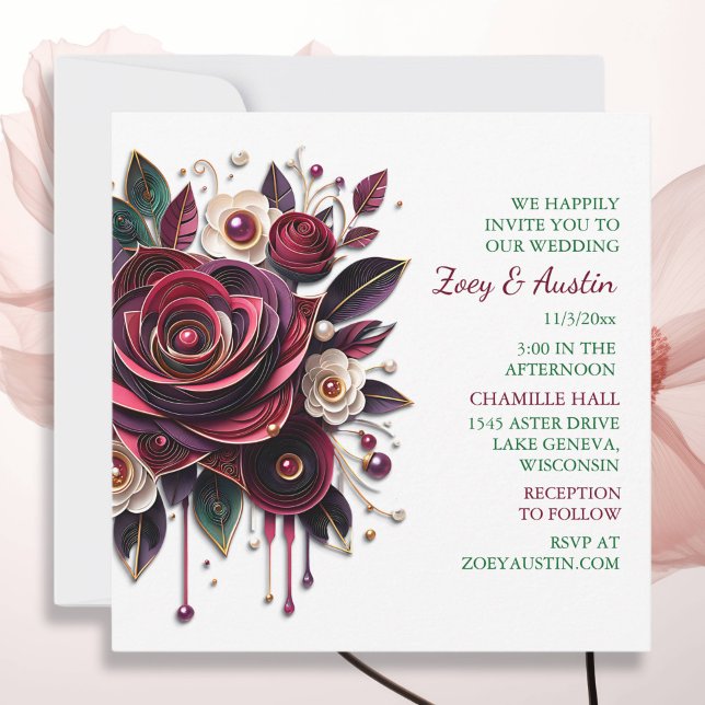 Pappert Quilling Burgundy Ro och Pearls Inbjudningar (Skapare uppladdad)
