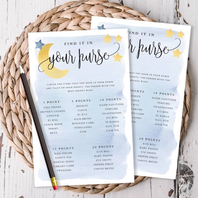Pappert spelkort - blått över Måne Purse Scavenger Flygblad (Over the Moon Themed-Blue, What's in Your Purse Baby Shower Game)