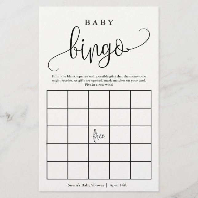 Pappert spelkort för babyskor, Bingo Calligraphy Flygblad (Framsidan)