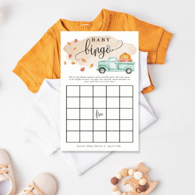 Pappert spelkort för lilla Pumpkin Lastbil Baby Bi Flygblad (Have some fun at your shower with a game of baby gift bingo!)