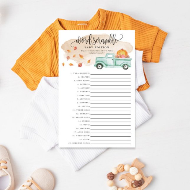 Pappert spelkort för Little Pumpkin Baby Ord Flygblad (Have some fun at your shower with this easy to play game!)