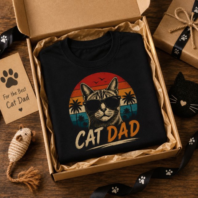 Pappkatt Retro solnedgång Palm fars dag T Shirt (Skapare uppladdad)