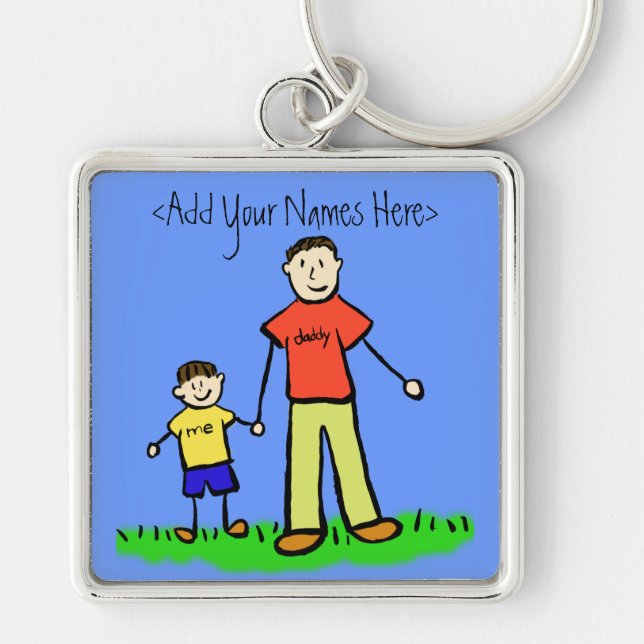 Pappor Boy Brunette Keychain (anpassade namn) Fyrkantig Silverfärgad Nyckelring (Framsidan)