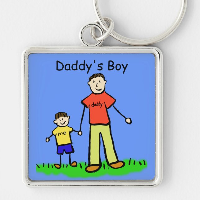 Pappor Boy Brunette Keychain (anpassade namn) Fyrkantig Silverfärgad Nyckelring (Framsidan)