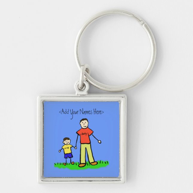 Pappor Boy Brunette Keychain (anpassade namn) Fyrkantig Silverfärgad Nyckelring (Framsidan)