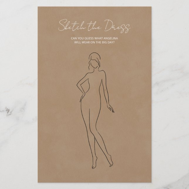Pappra blad med spelet "skissera klänningen". (Framsida)