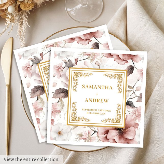 Pappra blöjor av romsk  elfenben guld blommigt pappersservett (Romantic blush ivory gold floral paper napkins)