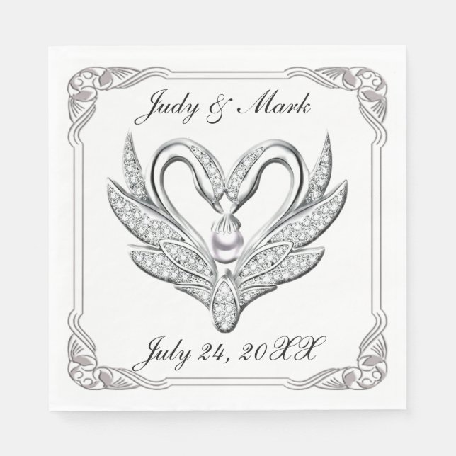 Pappra blöjor av vita ribbon Silver Svanar Pappersservett (Framsidan)