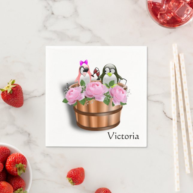 Pappra blöjor, Blommigt Rosa ros Penguin Vin Pappersservett (Insitu)