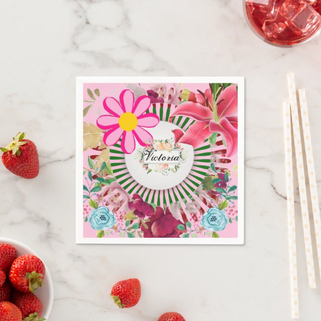 Pappra blöjor, Monogram Blommigt Rosa Pappersservett (Insitu)