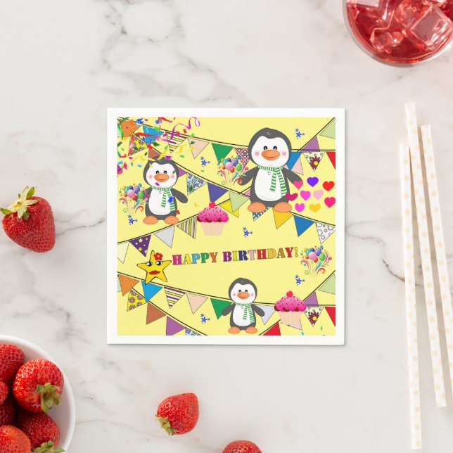 Pappra blöjor, Penguin Grattis på födelsedagen Pappersservett (Insitu)