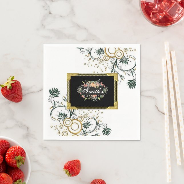 Pappra blöjor, svart Blommigt Blommor Monogram Pappersservett (Insitu)