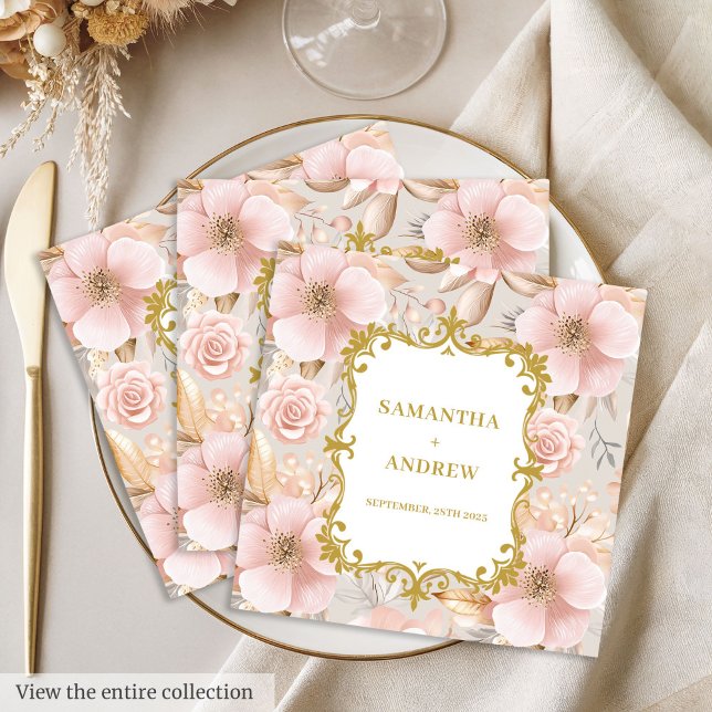 Pappra blöjor vid blommigt  Guld Bröllop Pappersservett (Floral Blush Gold Wedding Paper Napkins)