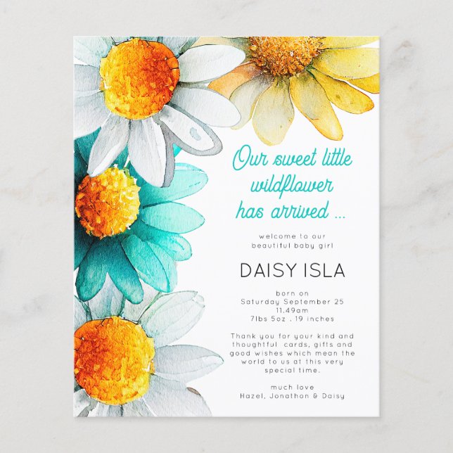 PAPPRA Boho Wildbloms Tack Birth Announcment Flygblad (Framsidan)