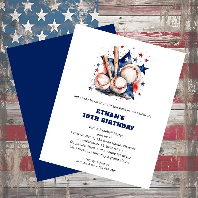 PAPPRA Boll Fladdermus Stars Baseball Birthday Red Flygblad (Front and back view)