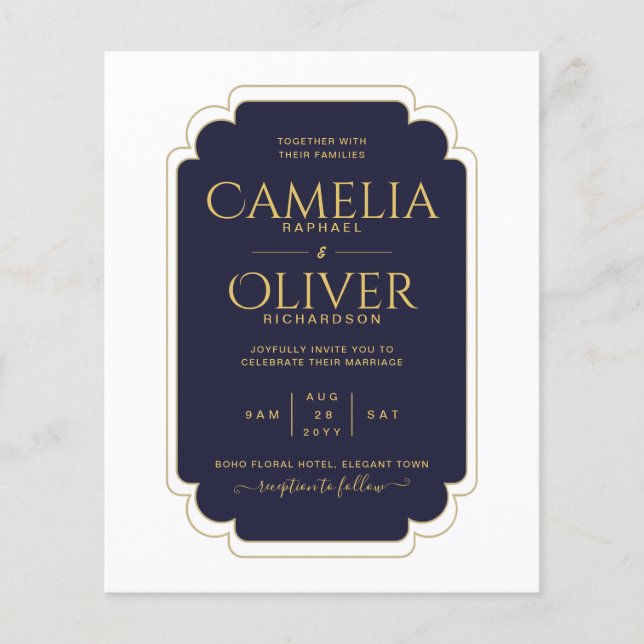 PAPPRA BUDGETNavy Blue Guld MONOCHROME Bröllop Flygblad (Framsidan)