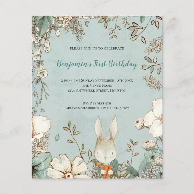 PAPPRA Cute Bunny Foliage 1st Birthday Boy Inbjuda Flygblad (Framsidan)