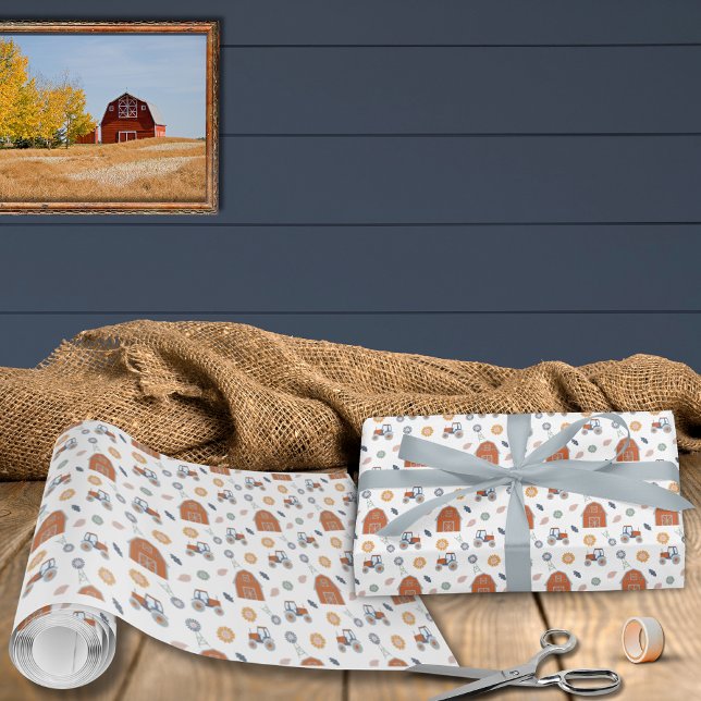Pappra födelsedag för lantbruk presentpapper (Farm Animal Birthday Wrapping Paper Barn Tractor Pattern)