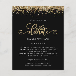 PAPPRA Guld Glitter firar födelsedag, svart Inbjud Flygblad