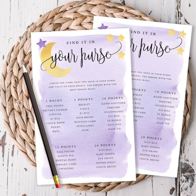 Pappra kort över Måne-Lilan för buskspel (scavenge Flygblad (Over the Moon Themed-Purple, What's in Your Purse Game Cards)