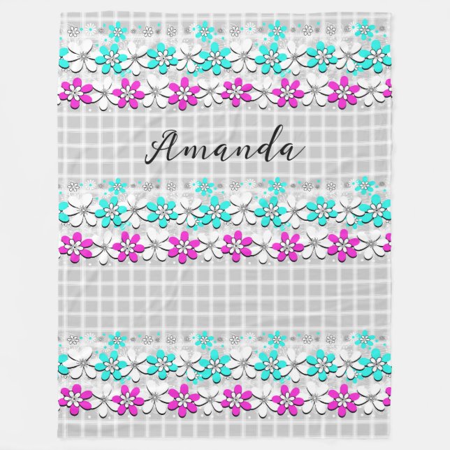 Pappra neonblommor på en grått-vit schaktad fleecefilt (Framsidan)