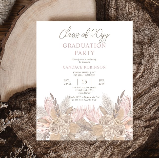 PAPPRA pampas | Inbjudan till Ro Neutralt Grad-par Flygblad (PAPER Pampas Grass and Roses Mocha and Neutral-Toned Graduation Party Invitation)