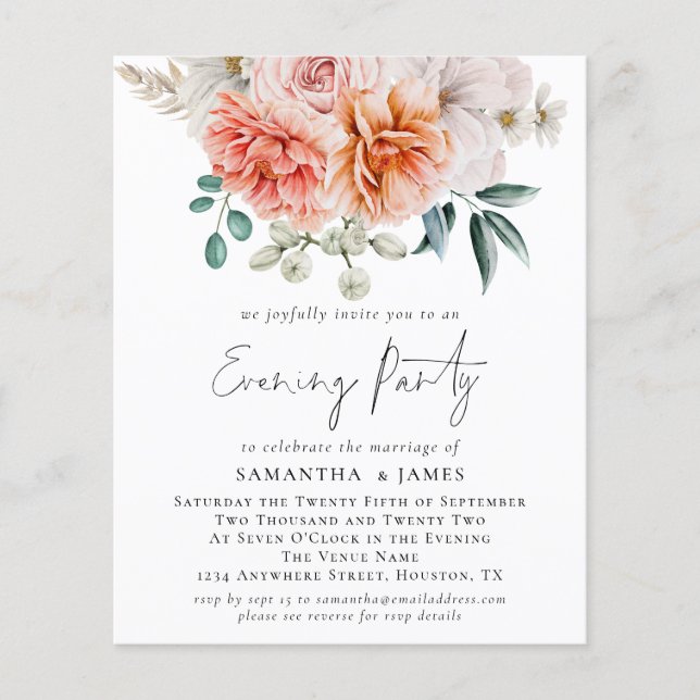 PAPPRA Peonies Coral QR Bröllop Evening Party Flygblad (Framsidan)