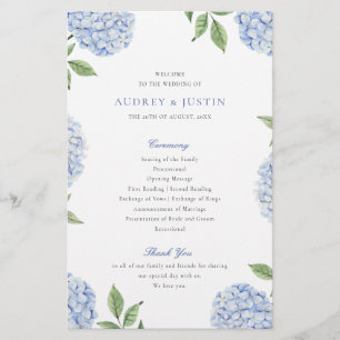 Pappra programmet Blue Hydrangea Classic Bröllop Flygblad