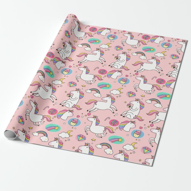 Pappra radbyar och Unicorns Wrapping Presentpapper (Utrullad)