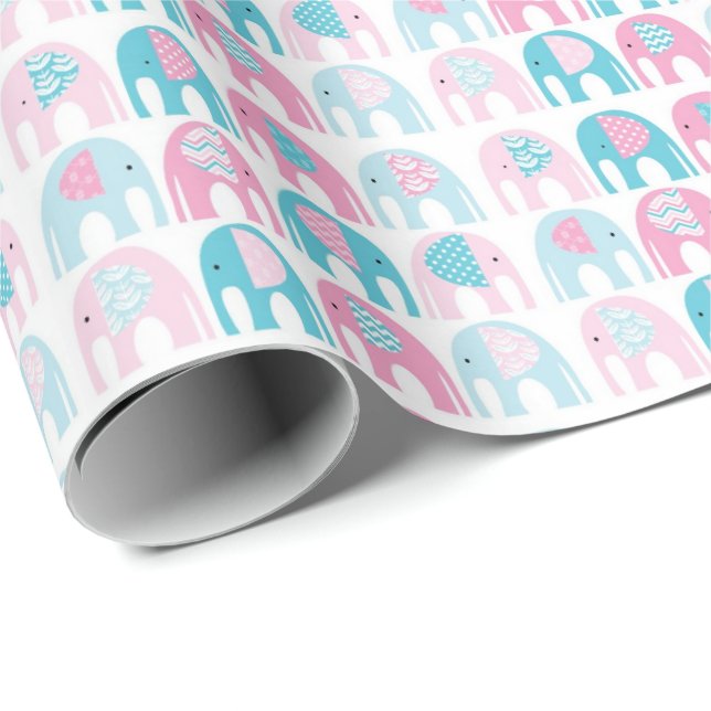 Pappra radbyte - Blå och Rosa elefanter Presentpapper (Rullad Hörn)