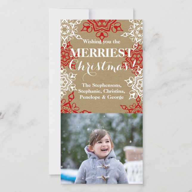 Pappra rödvita Snöflingor julkrabba Julkort (Framsida)