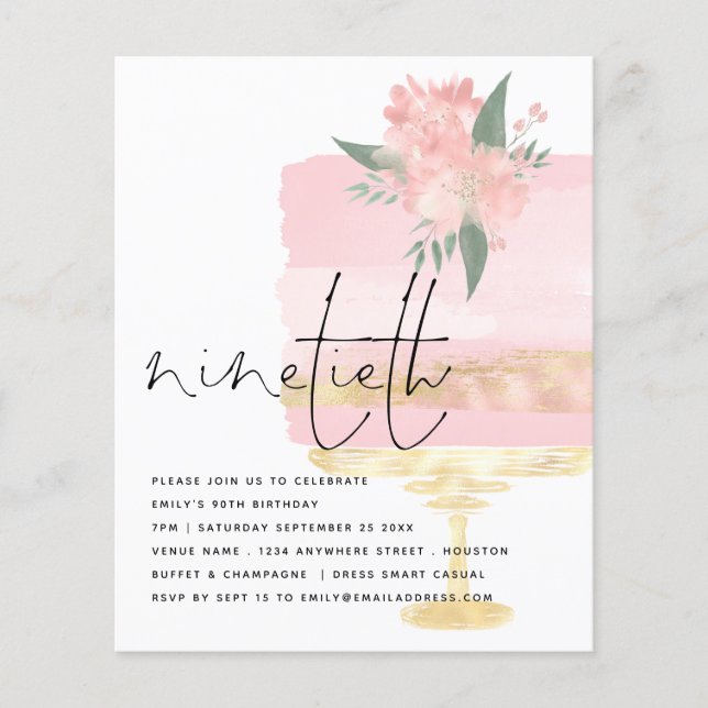 PAPPRA Rosa Guld Birthday Cake 90:e Party Inbjudan Flygblad (Framsidan)