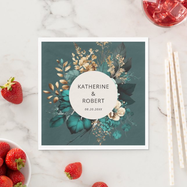 Pappra Teal och Guld Blommigt Bröllop Pappersservett (Insitu)