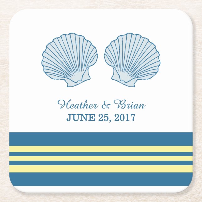 Pappra Underlägg av blå Gult Nautical Seashells Papper Kvadrat (Framsidan)