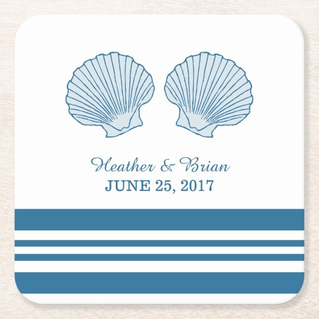 Pappra Underläggen i Blue White Nautical Seashells Underlägg Papper Kvadrat (Framsidan)