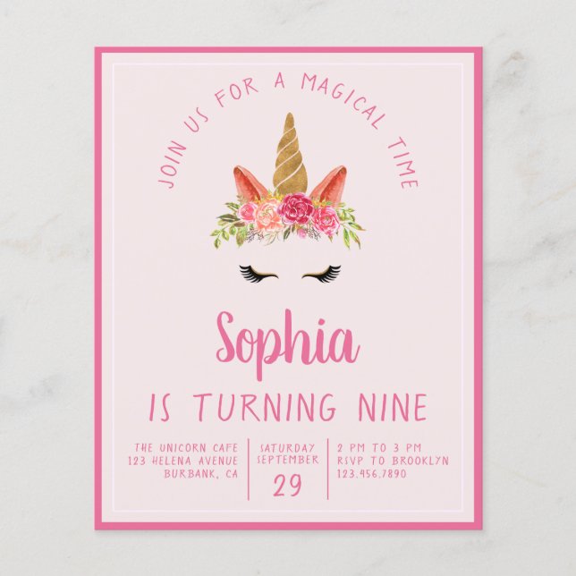 PAPPRA Unicorn Barn Födelsedagsfest inbjudan Flygblad (Framsidan)