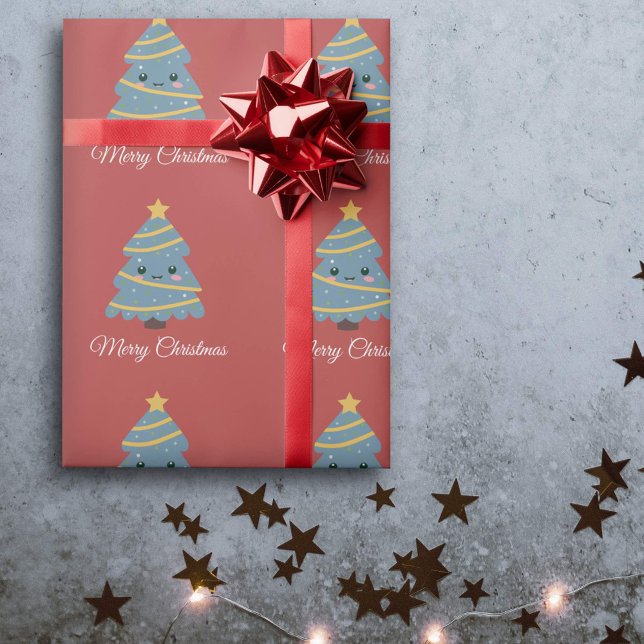 Pappra Wrapping för Kawaii Julgran Presentpapper (Kawaii Christmas Tree Red Wrapping Paper)