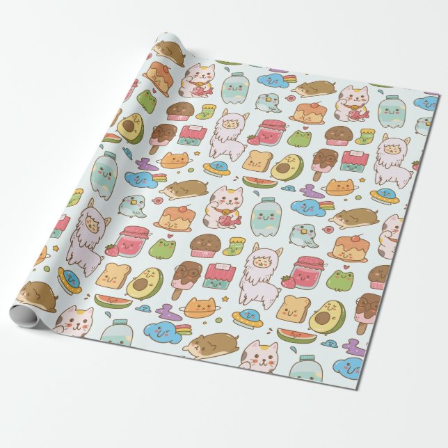 Pappra Wrapping för Kawaii Mönster Presentpapper (Utrullad)