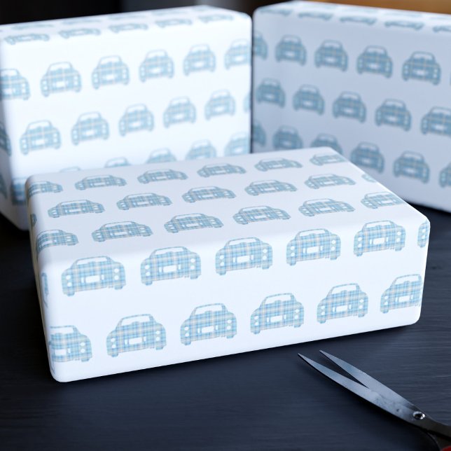 Pappra Wrapping för Play Tartan Figaro Car Mönster Presentpapper (Cute Scottish tartan cars on this wrapping paper)