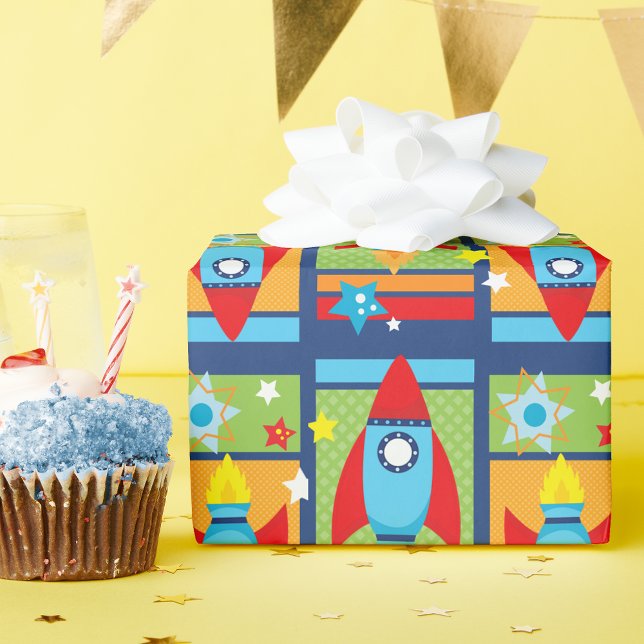 Pappra Wrapping för Rocket Spaceship Rymden Presentpapper (Blue and Red Rocket Spaceship Outer Space Wrapping Paper)