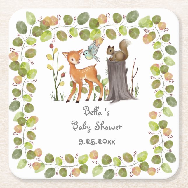 Papprare Underlägg Woodland Animals Baby Shower Papper Kvadrat (Framsidan)