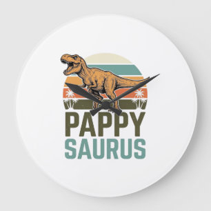 Pappysaurus Rolig Dinosaur Vintage Solnedgång Skjo Stor Klocka