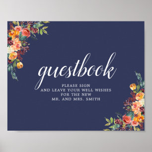 Paprika Burgundy Blommigt Bröllop Guestbook-tecken Poster