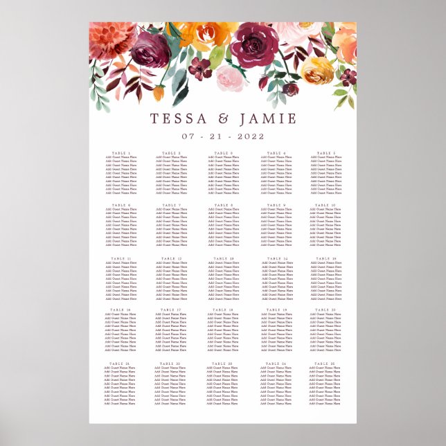 Paprika Burgundy Blommigt Bröllop XL Sittdiagram Poster (Framsidan)